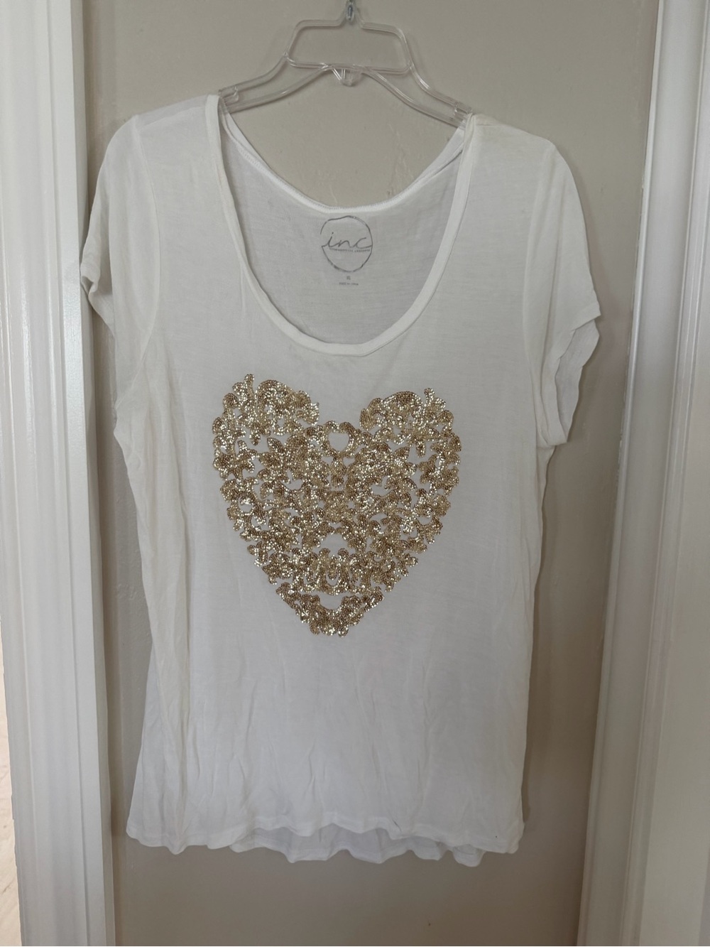 INC International Concepts White Scoop Neck Tee with Subtle Logo